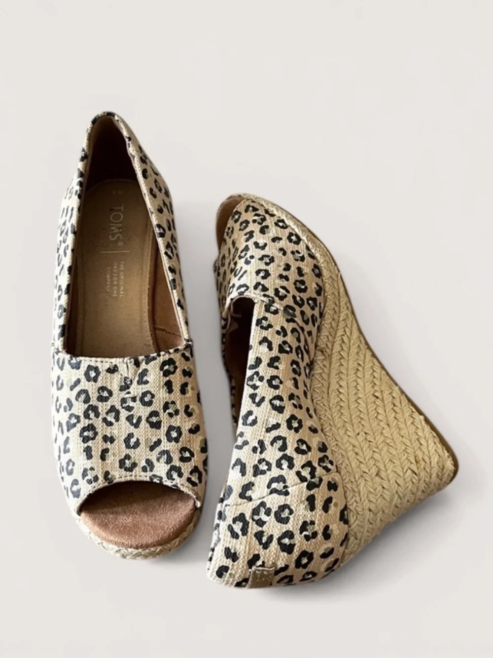 Toms Tan and Black Leopard Animal Print Wedge Peep Toe Sandals